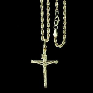 10K Real Gold Rope Chain and Cross Pendant Set
